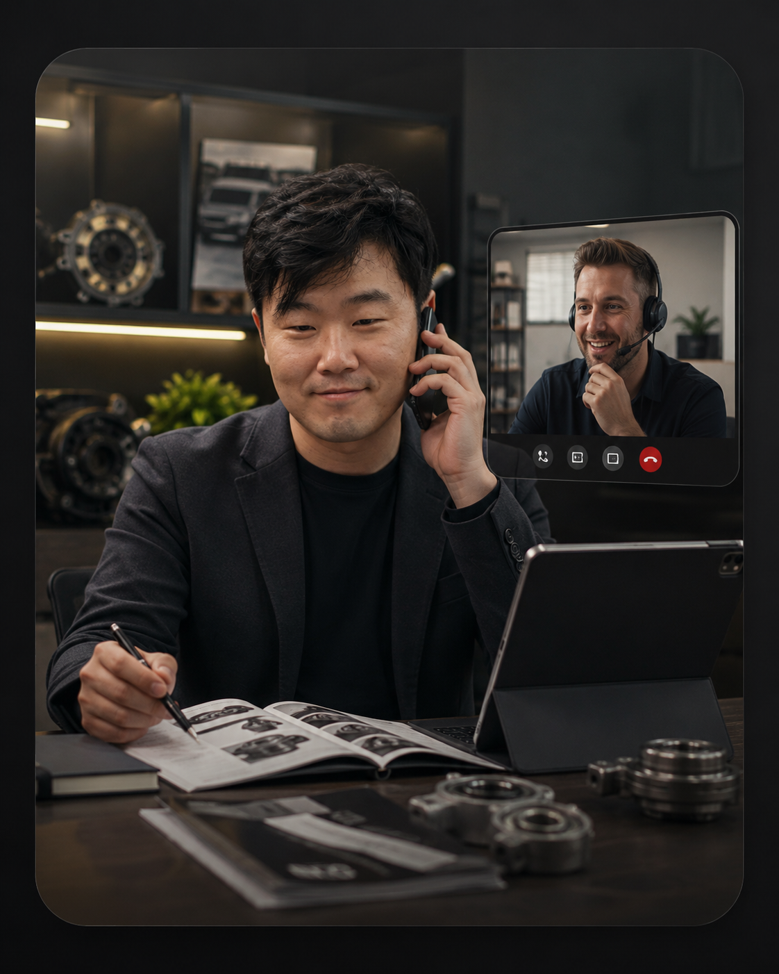 Leo discussing auto parts with an overseas buyer