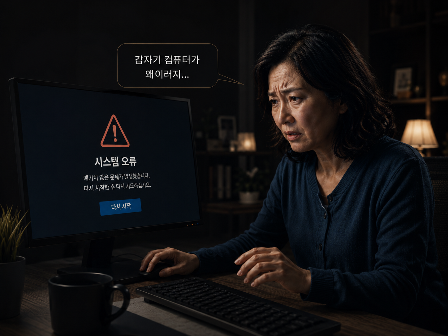 컴퓨터 오류로 당황한 고객이 모니터를 바라보는 모습