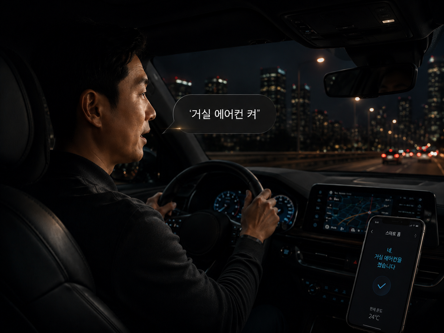 운전 중 음성으로 거실 에어컨을 켜는 장면